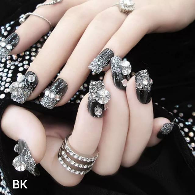 (BK) Wedding fake nail Black Diamond kuku palsu 3D