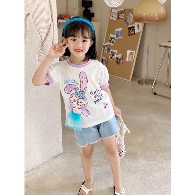 Kaos T-shirt Anak Perempuan Motif Stella Lou Lucu 3D Mesh Puff Sleeve