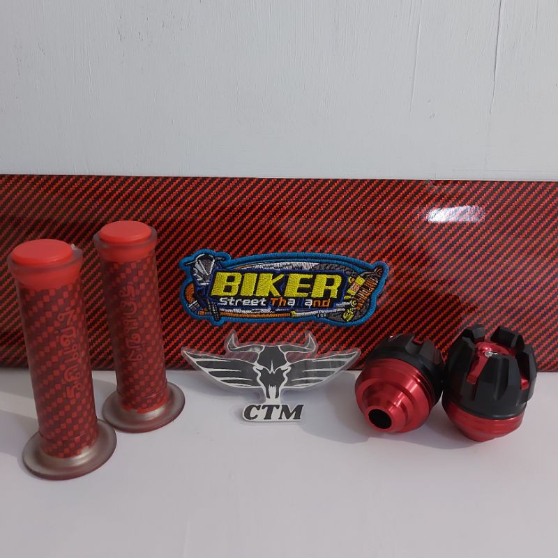 [PAKET MERAH] Sarung Kulit Jok Biker Karbon / Grip Karbon / Jalu As Roda Depan - RED