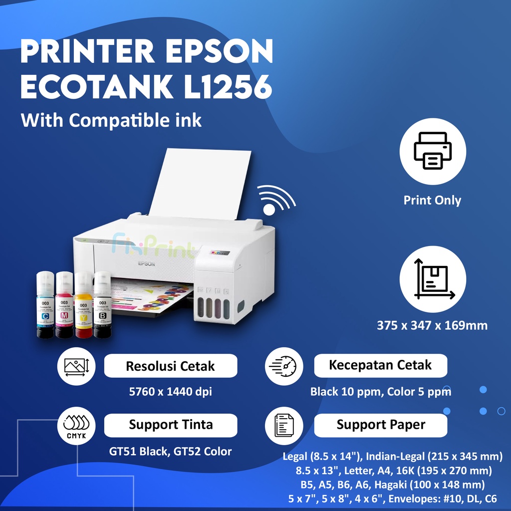 Printer InkTank Epson L1256 / L1250 WiFi White Wireless Print A4 Infus Pabrik Resmi L-1250 L-1256