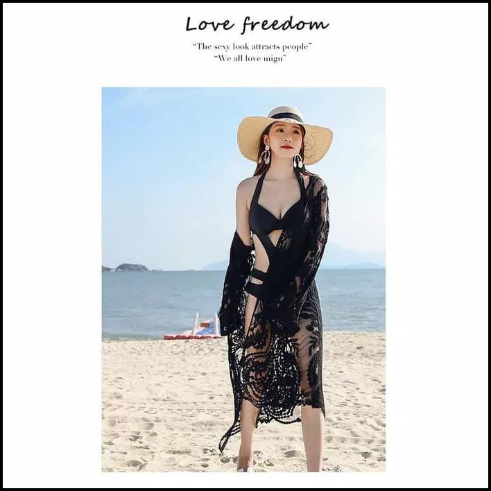 Cardigan Outer Outwear Bikini Cover Renda Lace Boho Bohemian Pantai - Hitam