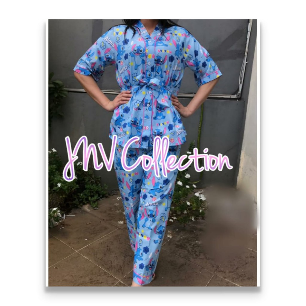 JNV Setelan Kimono CP Wanita Motif Karakter Kartun - Baju Tidur Kimono Lengan Pendek - Bahan Katun-Aloha Stitch Biru
