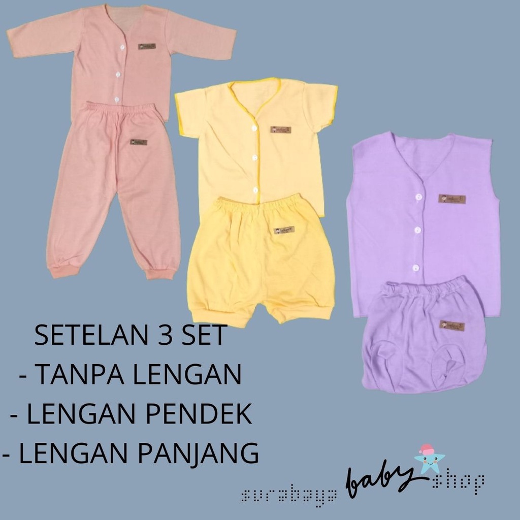 3 SETELAN BAJU NEWBORN / TANPA LENGAN + CELANA KACAMATA / LENGAN PENDEK + CELANA PENDEK / LENGAN PAJANG + CELANA PANJANG Lusiana E