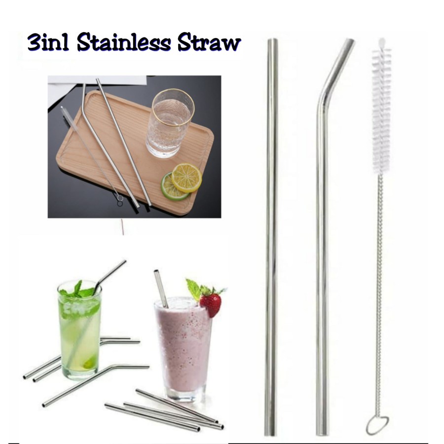 Sedotan Stainless Set 3 in 1 + Gratis Sikat Pembersih Sedotan - 3in1 PAKET SEDOTAN TRAVELLING