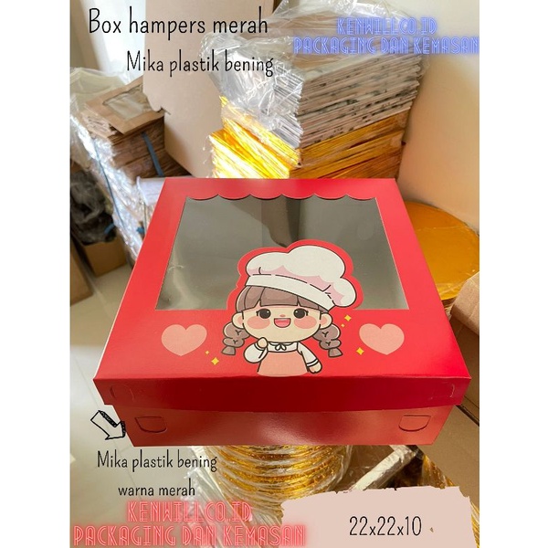 

BOX HAMPERS KOTAK KUE 22X22X10 MIKA BENING KOTAK KADO MERAH