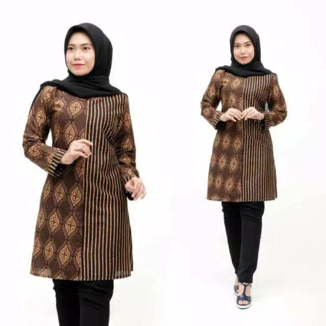 RAMABATIK - (COD) Tunik batik wanita Lawasan Coklat Kekinian M Sampai Jumbo-No. 7