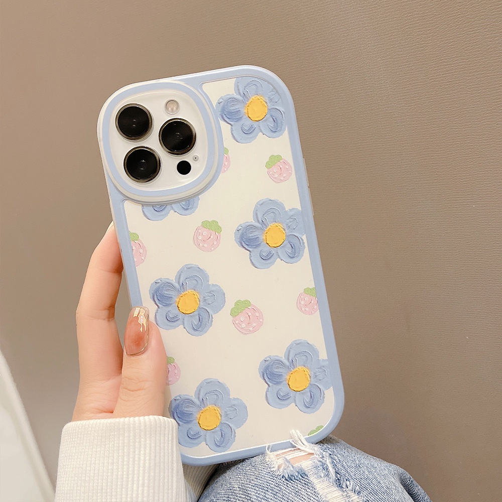 Soft Case Pelindung Motif Bunga Strawberry Biru Muda Untuk Iphone 7 8 PLUS X XR XS 11 12 13 MINI PRO MAX SE 2020