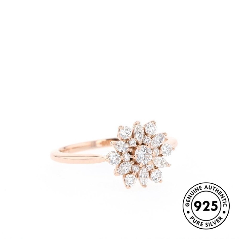 Cincin Desain Snowflake Aksen Berlian Bahan S925 Silver Warna Rose Gold