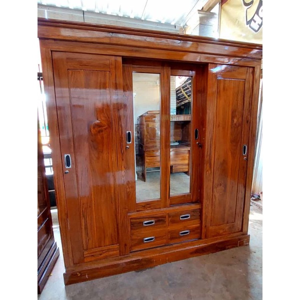 lemari pakaian 4 pintu sliding atau pintu geser / lemari sliding kayu jati termurah