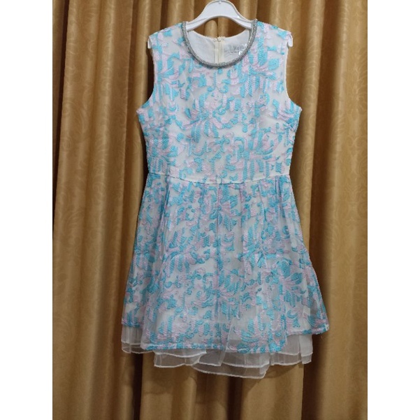 Party Dress Pesta Biru Muda Bling Neck Preloved