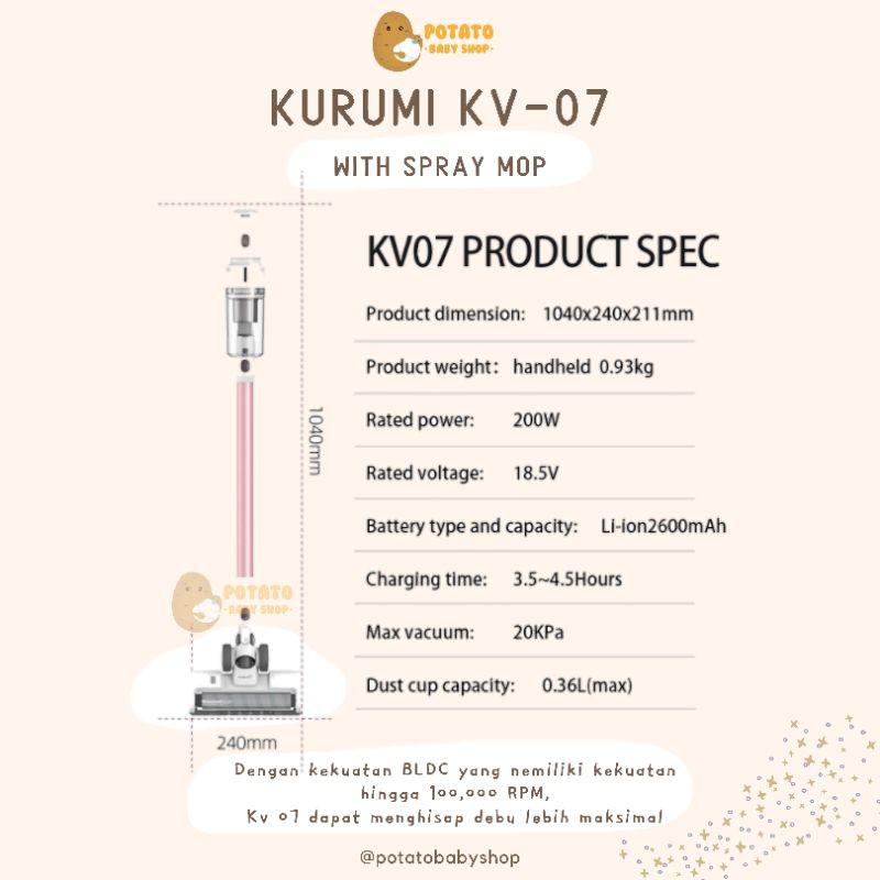 Kurumi KV 07 Powerful Cordless Stick Vacuum Cleaner with Spray Mop