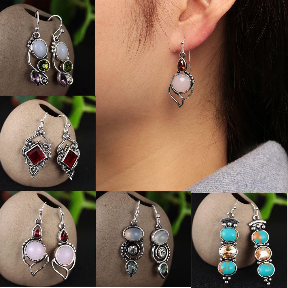 Lily 1pasang Moonstone Anting Pesona Hadiah Kait Vintage Perhiasan Pertunangan Pernikahan Turquoise