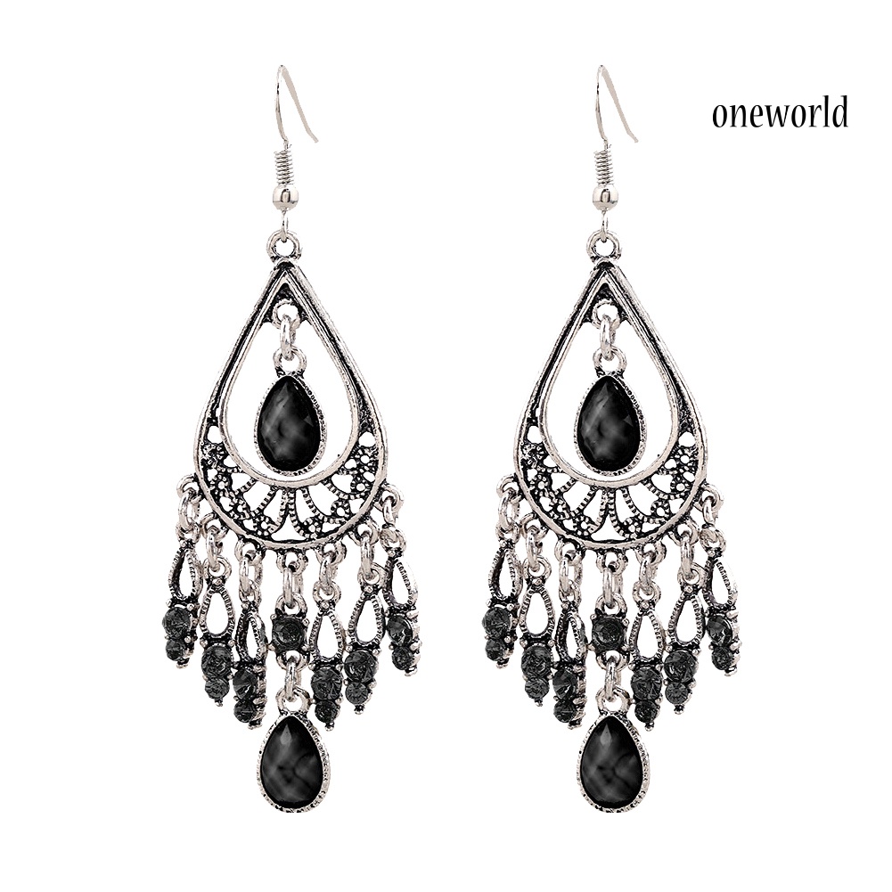 OW@ Boho Women Hollow Carved Faux Gemstone Tassel Drop Dangle Hook Earring Jewelry