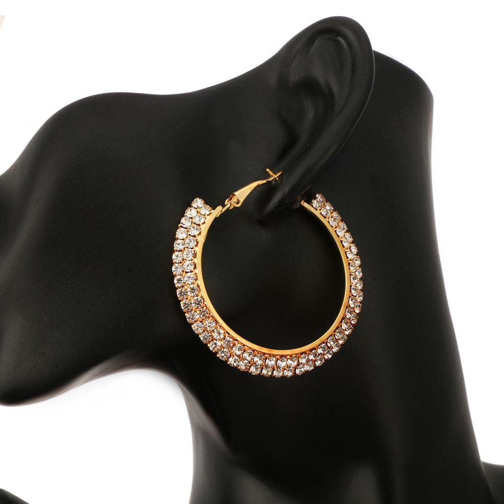 R-flower Kristal Hoop Earrings Shiny Gold Silver Baris Ganda Berlian Imitasi Menjuntai Perhiasan