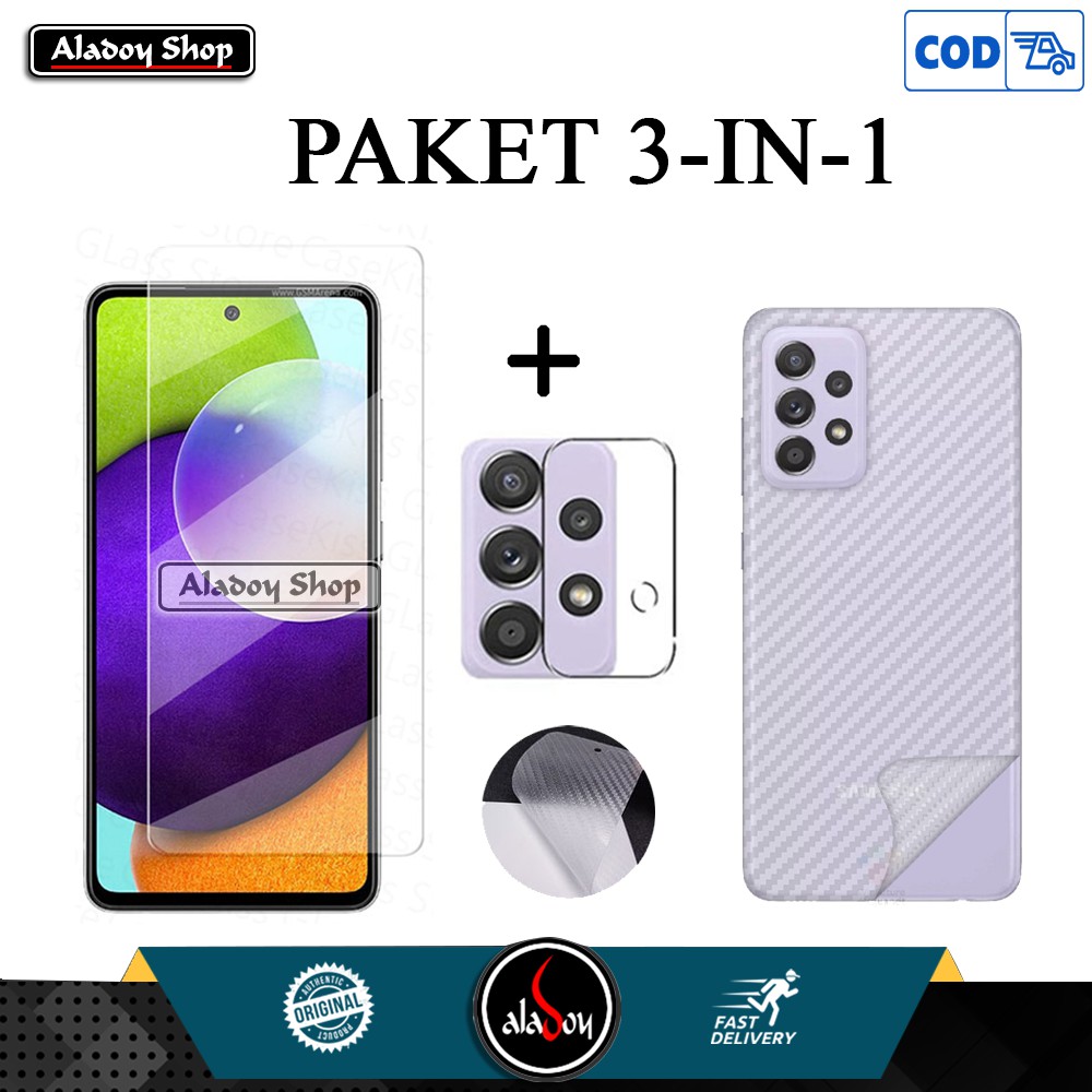 Tempered Glass Layar Clear Samsung A52 2021 +Tempered Glass Camera + Garskin Carbon