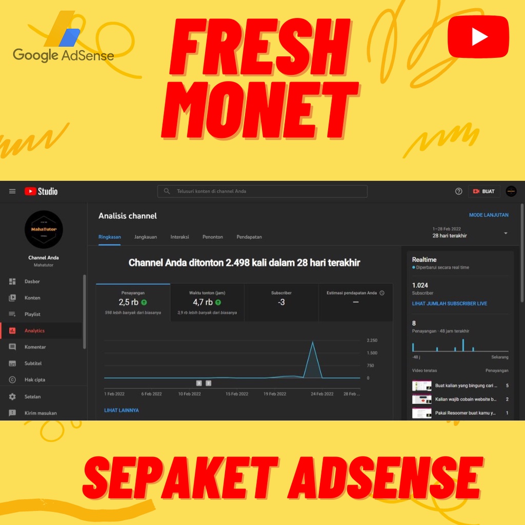 CHANNEL YOUTUBE SUDAH MONETISASI SEPAKET ADSENSE FRESH