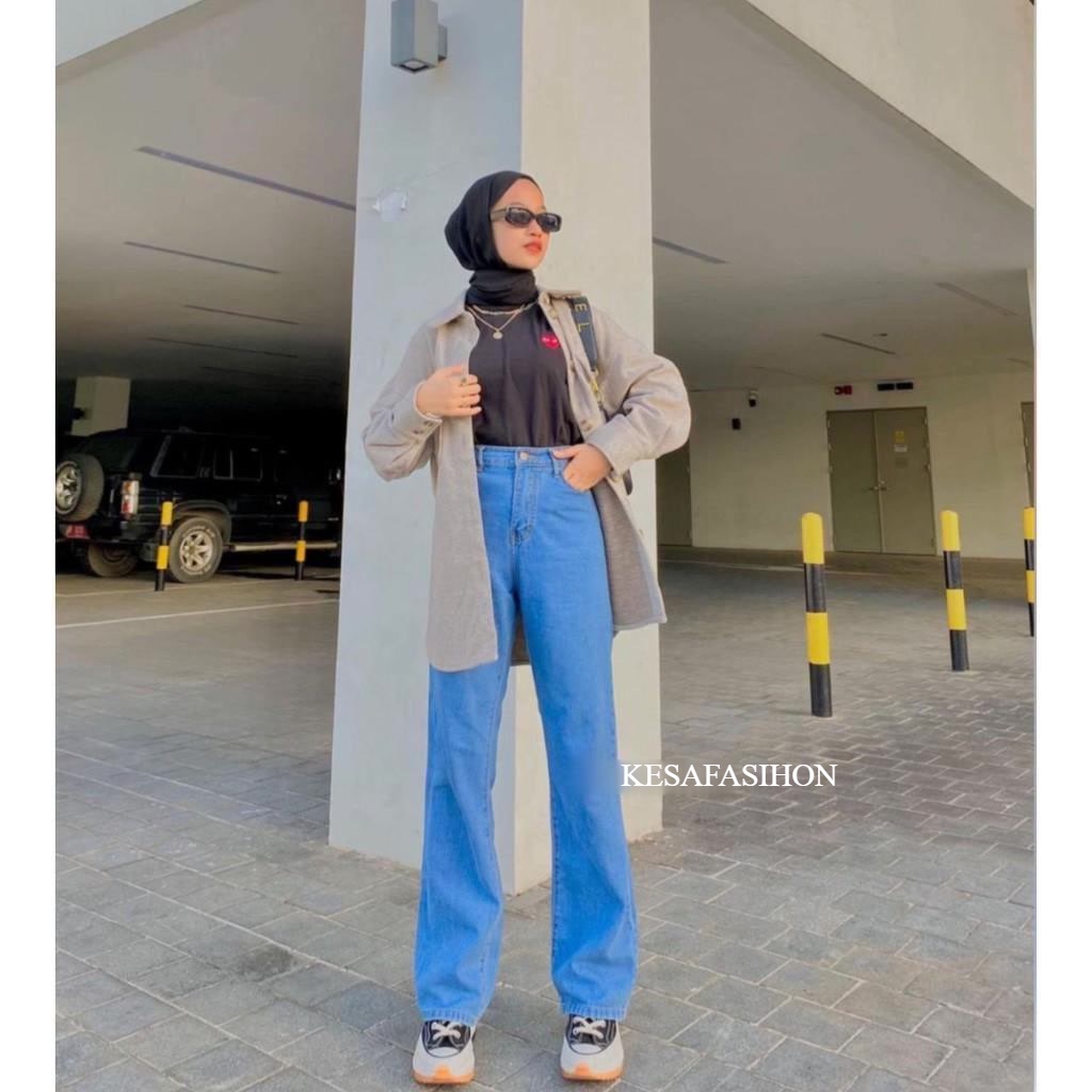 Highwaist Kulot Jeans Wanita Loose