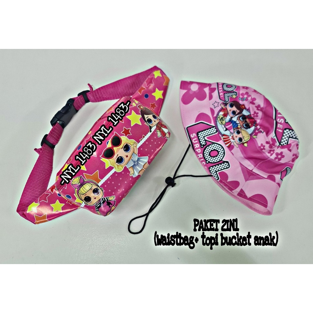 Waistbag Anak Karakter 2in1 - Tas + Topi Bucket