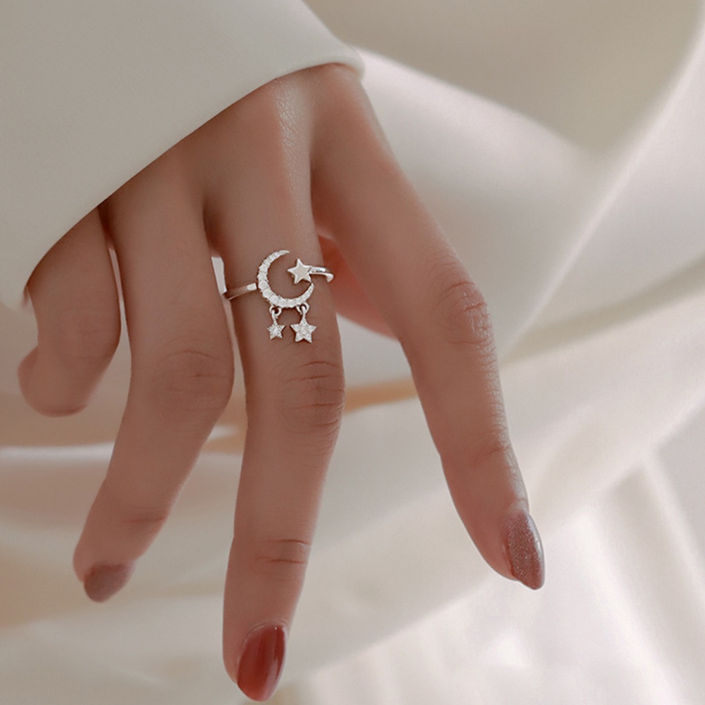 Hu Hu Hu Hu Hu Alat Bantu Pasang Kacamata♡ Cincin Model Terbuka Desain Bulan Dan Bintang Bahan Stainless Steel Untuk Wanita