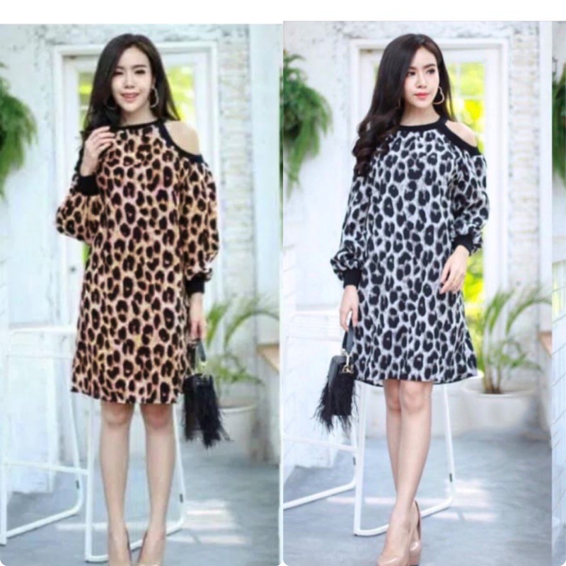 Dress leopard/dress pundak bolong/midi dress leopard/dress motif tutul