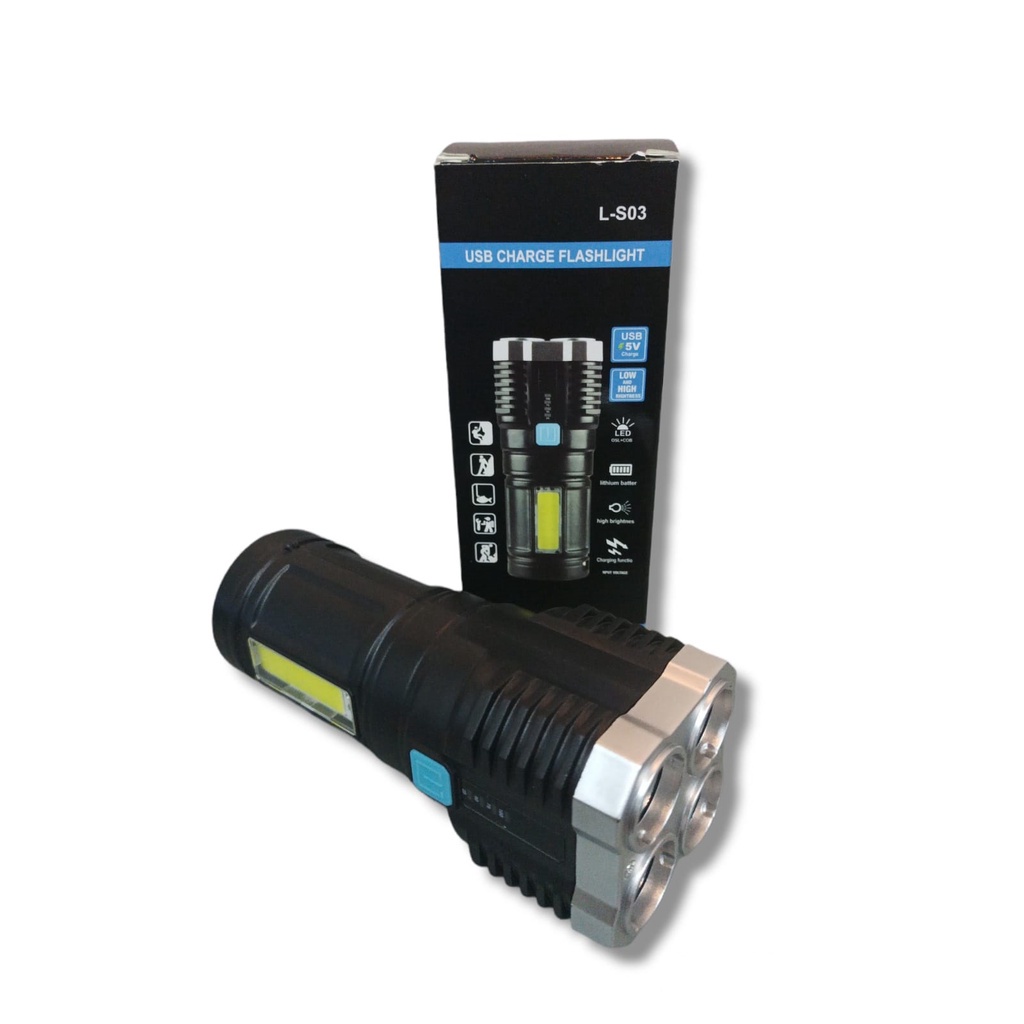 Senter LED MODEL L-S03 Rechargeable Super Terang FLASHLIGHT Jarak Jauh + COB 4 Mode Emergency Recharge USB 4 Mode LED LIGHT