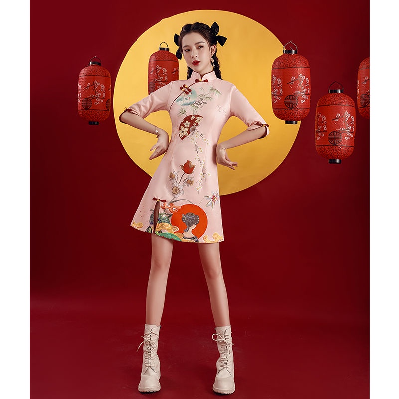 Guochao cheongsam 2022 new spring long sleeve young girl improved small suede pink spring and Autumn