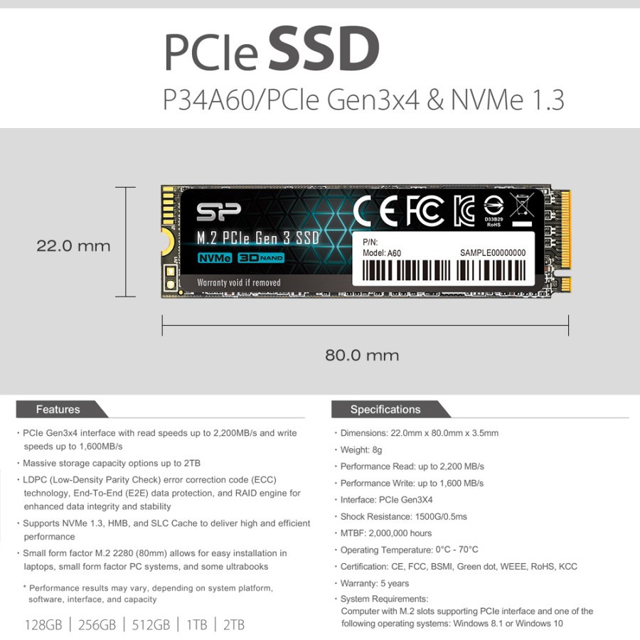 Silicon Power A60 SSD 1TB / 512GB / 256GB M.2 2280 PCIe Gen3x4 NVMe1.3