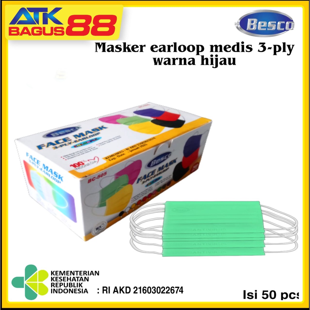 FACE MASK 3 PLY EARLOOP - MASKER MEDIS BESCO WARNA HIJAU