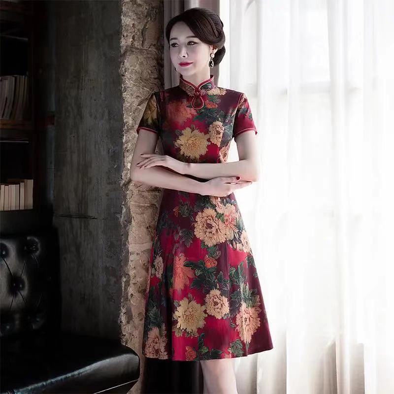 Modified cheongsam knee length skirt small dress summer large waist closing Dress Medium Long mom dr