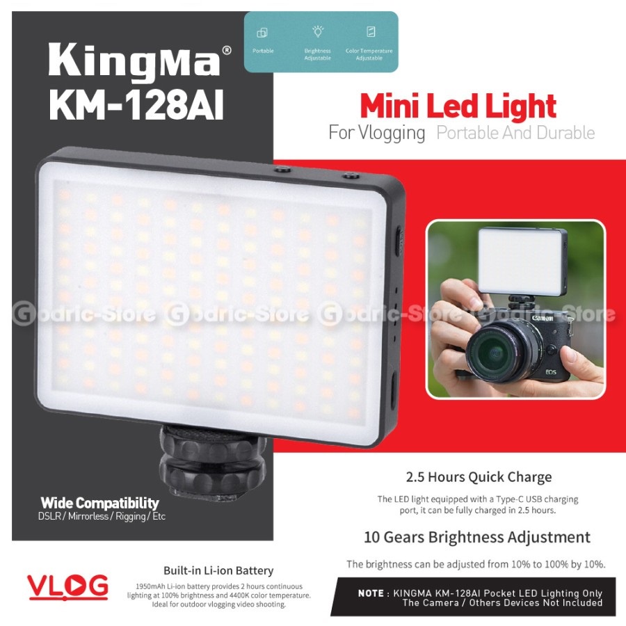 KingMa KM-128AI 5600K Portable LED Video Light HP / Camera Video Vlog