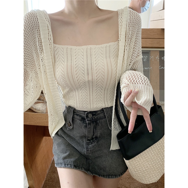 Suhao Murni Desire Hollow Knit Kecil Cardigan Wanita Musim Panas Gaya Korea Tipis Longgar Berkerudun