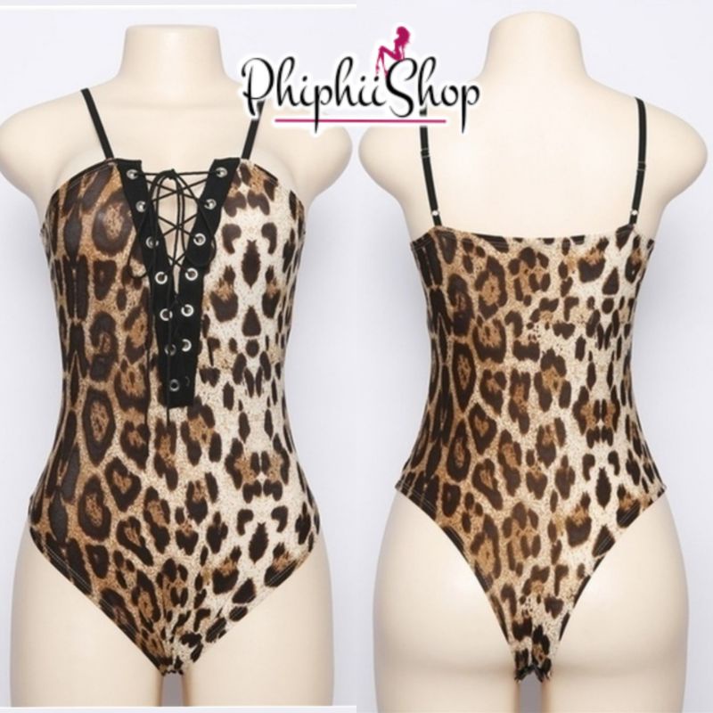 Sexy Bodysuit Teddy Lingerie Motif Leopard Macan Tali Depan