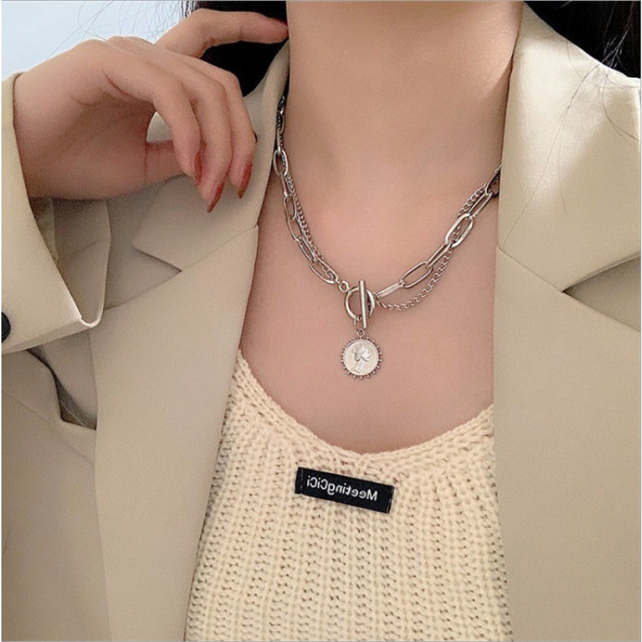 Kalung Rantai CHOKER SUNKOIN 2 Layer Korea Fashion Gaya Punk Hip Hop Coin Necklace Wanita Pria Retro