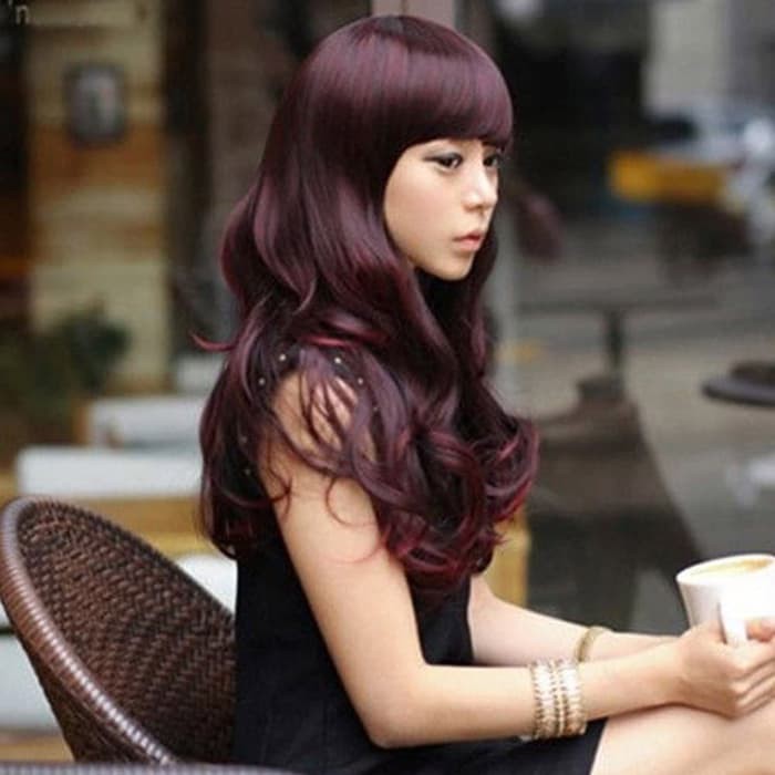 Wig elegan panjang red burgundy cosplay idol wanita karir