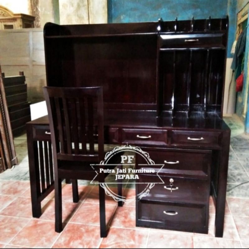 Meja kerja kayu jati - Meja belajar besar + nakas mebel murah Jepara