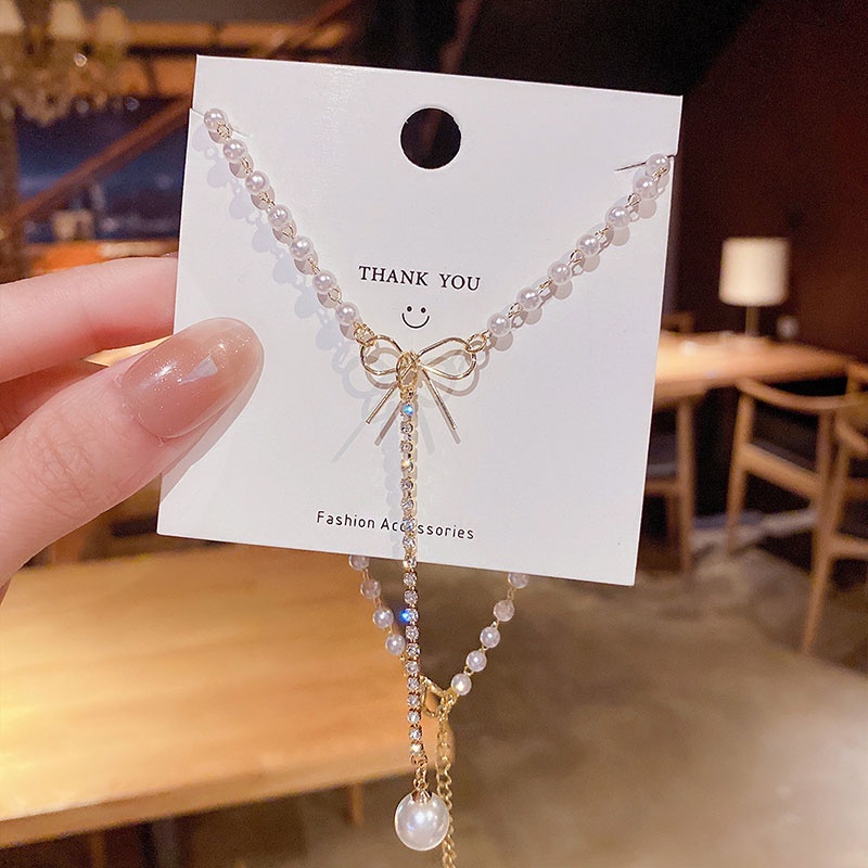 XiaoboACC Kalung Rantai Dengan Liontin Pita + Mutiara Gaya Korea Untuk Wanita 48.4CM+5.3CM