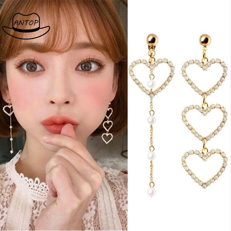 Antop！Anting Giwang Panjang Model Hati Dengan Mutiara + Kristal + Rumbai Gaya Korea Untuk Wanita