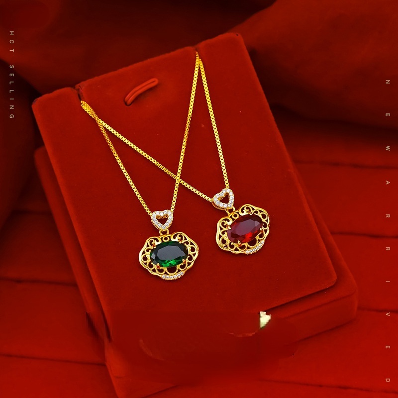 Kalung Liontin Giok Berlian Imitasi Zircon 18K Gaya Etnik Untuk Wanita