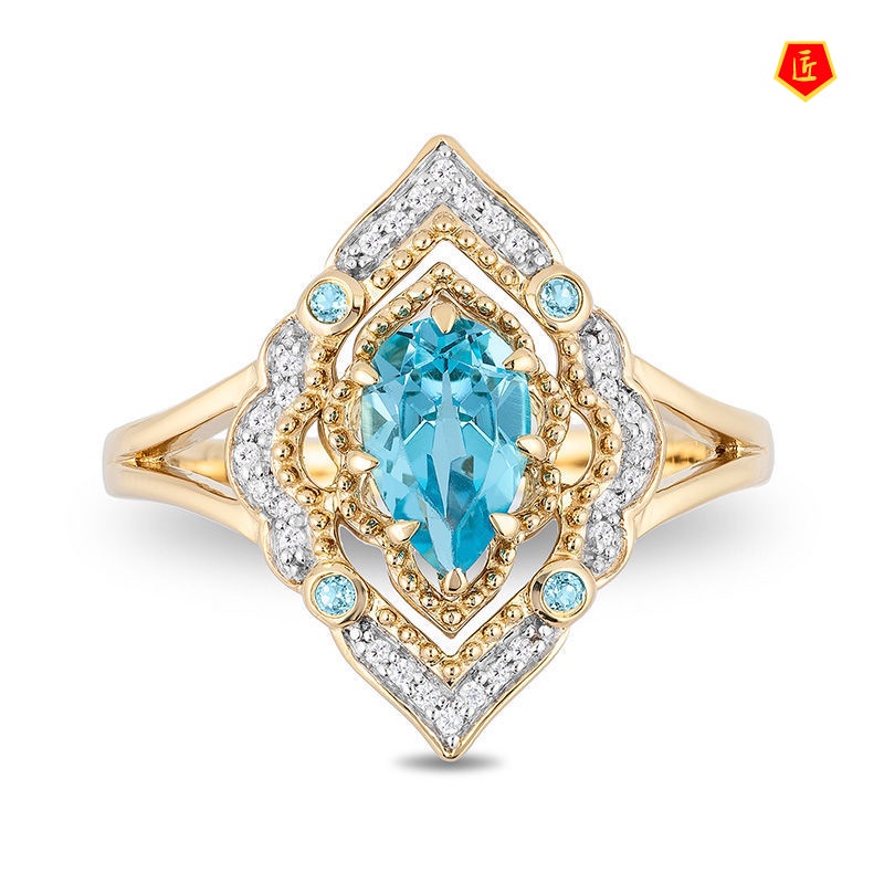 [Ready Stock]Elegant Exquisite Blue Topaz Hollow Pattern Ring