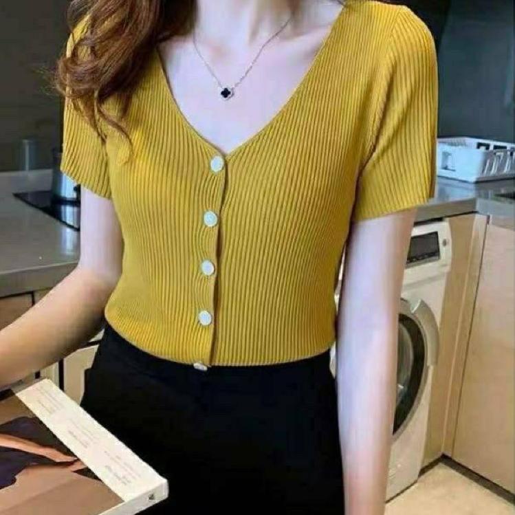 ➱ baju rajut v neck cewek lengan pendek Naomi ➨