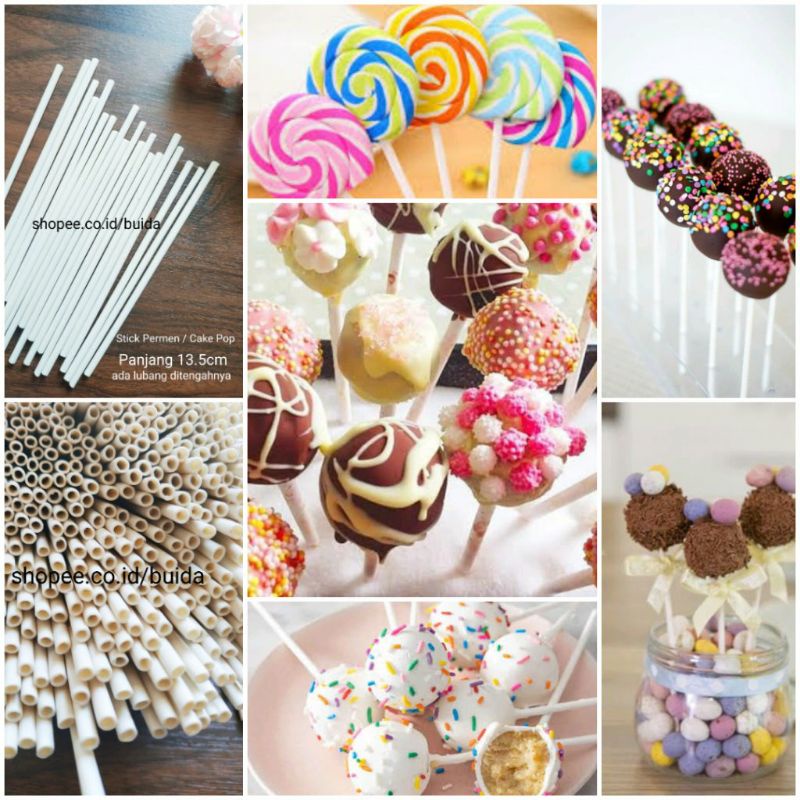 

50pcs Stick Lolipop Stik Cake Pop Ball Cakes Candy Stick Permen Putih White ada lubang ditengahnya Panjang 13.5cm kue bola coklat chocolate ball