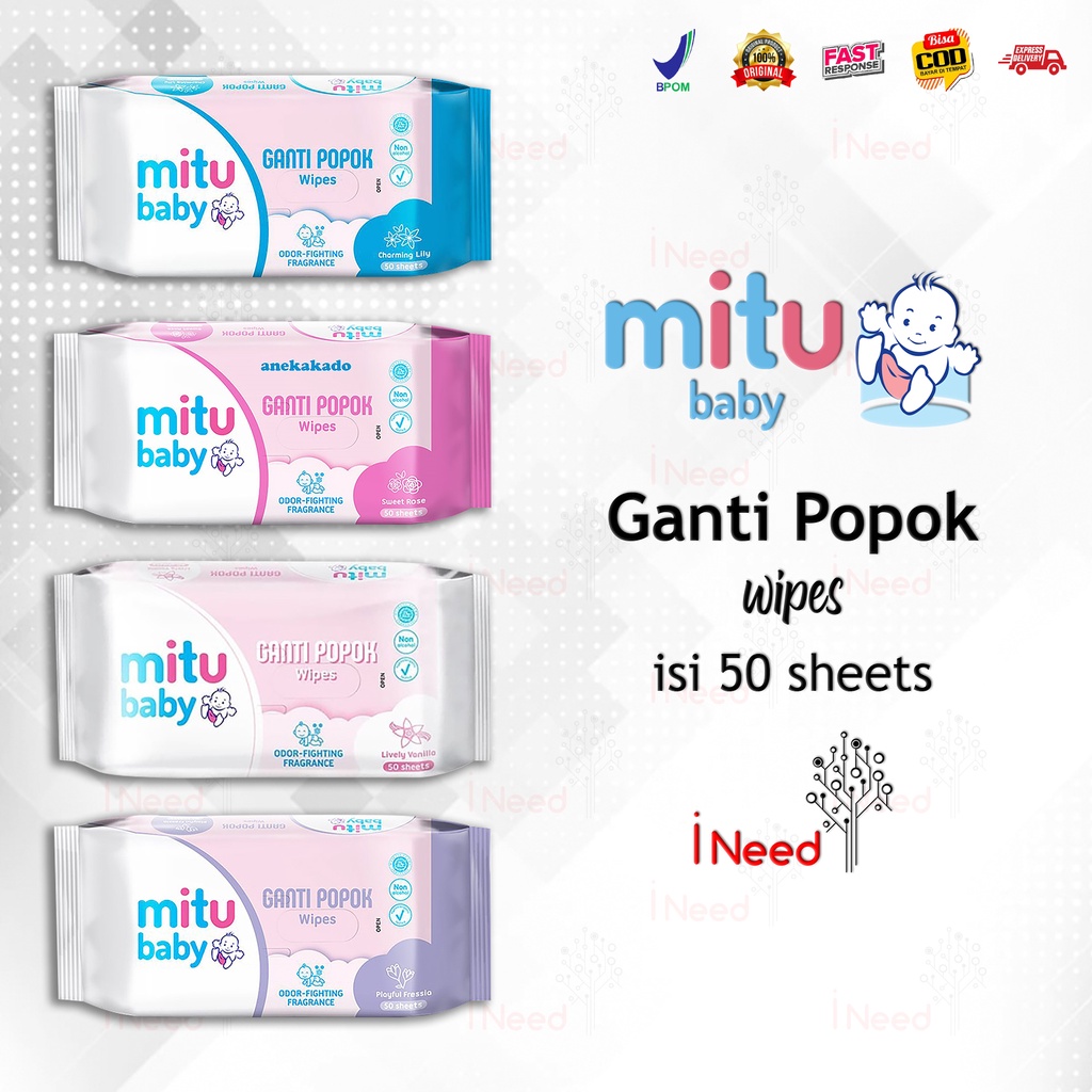 (INEED) (1pc ) Mitu Baby Wipes Tiap Pack Isi 50 Sheets Aroma Sweet Rose