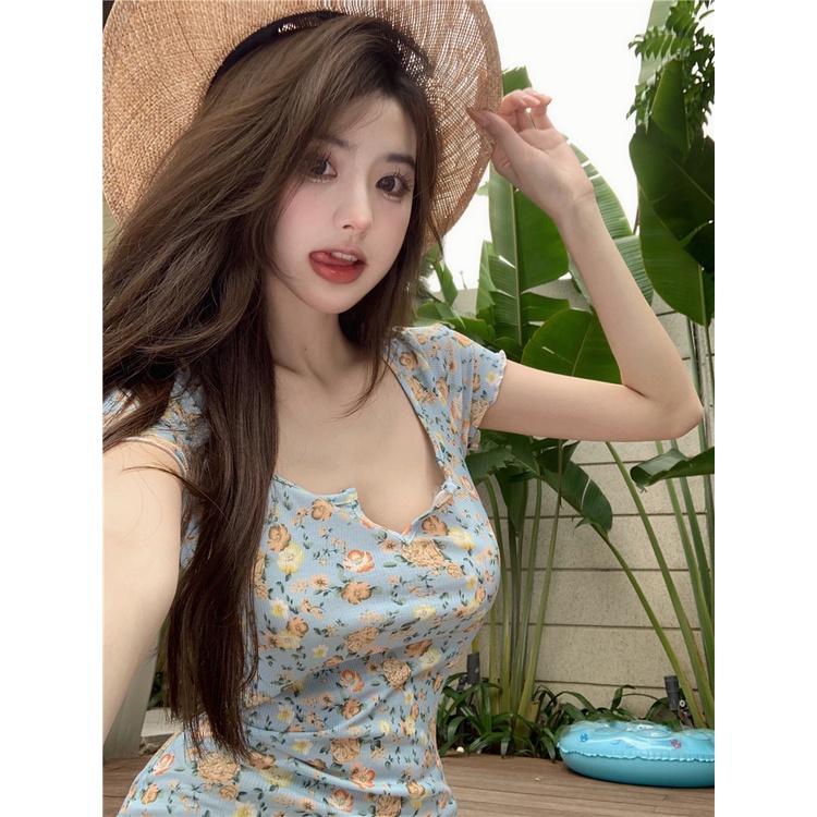 Mini Dress French floral dress wanita musim panas 2022 baru rok sweet babes sexy tight skinny bag hi