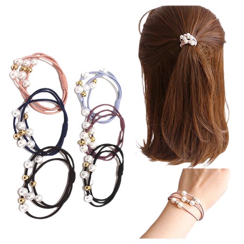 Ikat Rambut Mutiara Karet Elastis Korea Import 3 Layer Fashion - RANDOM