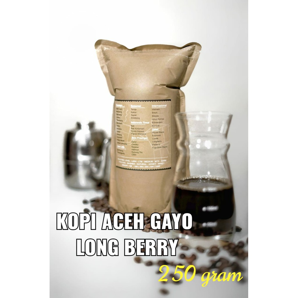 

KOPI ARABIKA GAYO LONG BERRY 250GRAM BUBUK/BIJI | PREMIUM ARABICA COFFEE- BUBUK