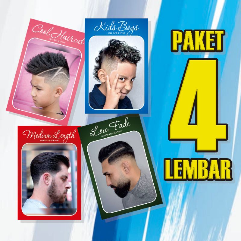 Poster pangkas rambut Poster barbershop model rambut pria 2022 paket 4 lembar