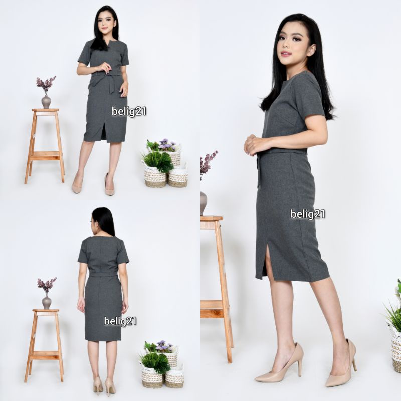 Dress Kerja Wanita Kantor lengan pendek Formal High Premium