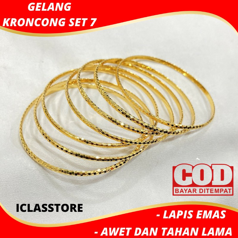 Gelang Kroncong Set 7 Motif Kaca Aksesoris Fashion Perhiasan Wanita Lapis Emas Imitasi Tahan Lama