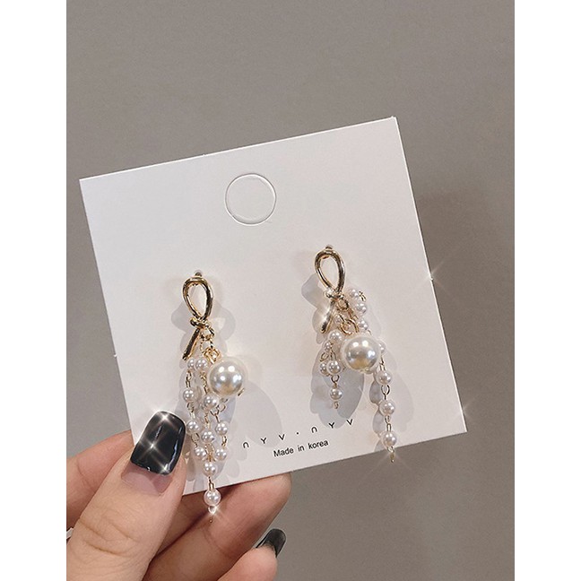 LRC Anting Tusuk Fashion Golden Pearl Tassel Knotted Earrings D89676