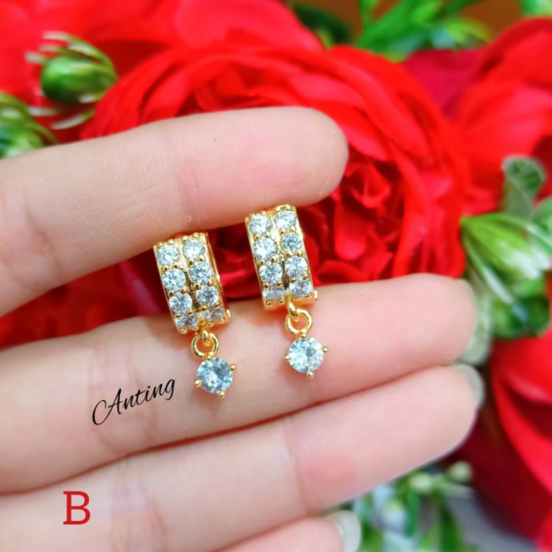 Anting TITANIUM jepit clip permata zircon elok menawan Anti karat emas hongkong